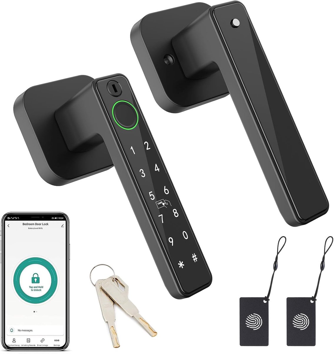 Slim vingerafdrukdeurslot 5-in-1, mat zwart, biometrisch codedeurslot met vingerafdruk/app/IC-kaart/code/sleutel, eenvoudig te installeren, voor slaapkamer, thuis, hotel, kantoor, appartement