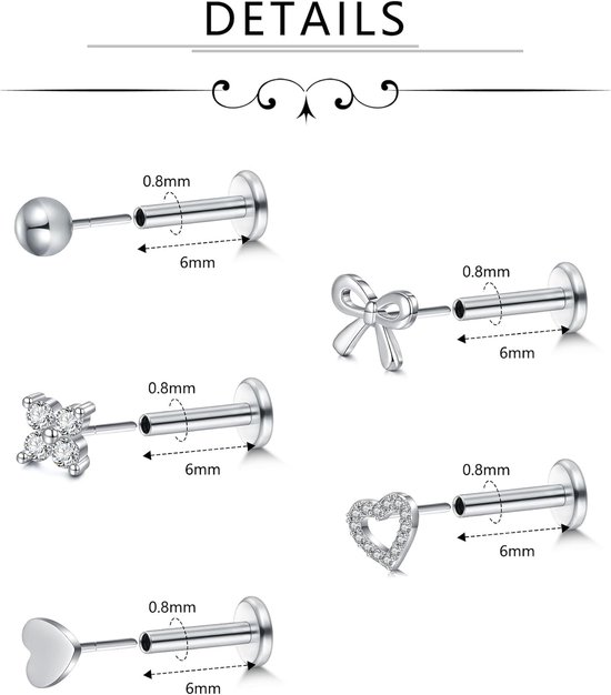 20 g schattige traguspiercing platte oorbellen 6 mm zonder schroefdraad neussteker labret kraakbeen lip Medusa Conch hypoallergeen voor vrouwen mannen — afbeelding 3