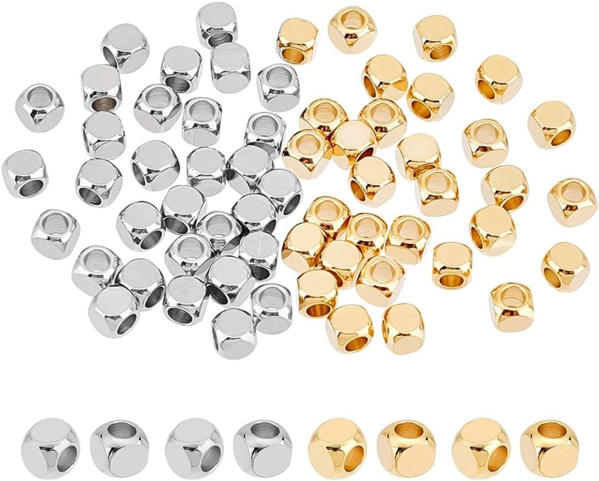 60 stuks 2 kleuren 304 roestvrij stalen kralen, kubuskralen, gefacetteerde geometriekralen, 2 mm, gat, afstandskralen, metalen armbandkralen voor armbanden, halskettingen, sieraden maken
