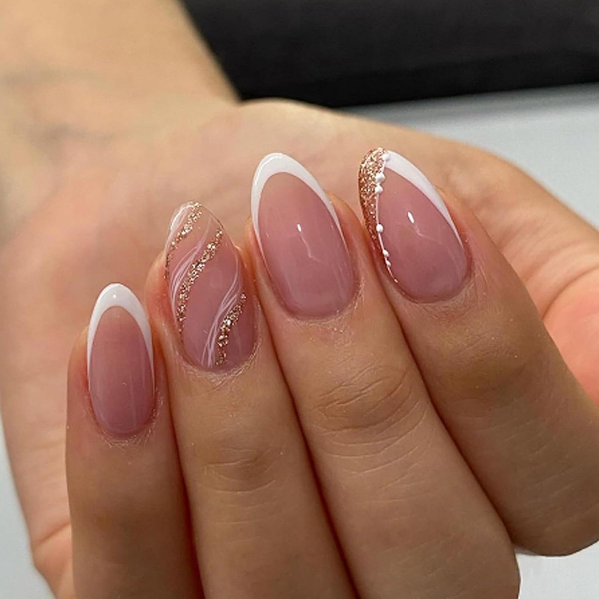 24 stuks plaknagels amandel middel, roze kunstnagels om op te plakken, witte French press on nails met glitterstrepen, acryl kunstnagels, natuurlijke valse nagels voor vrouwen en meisjes