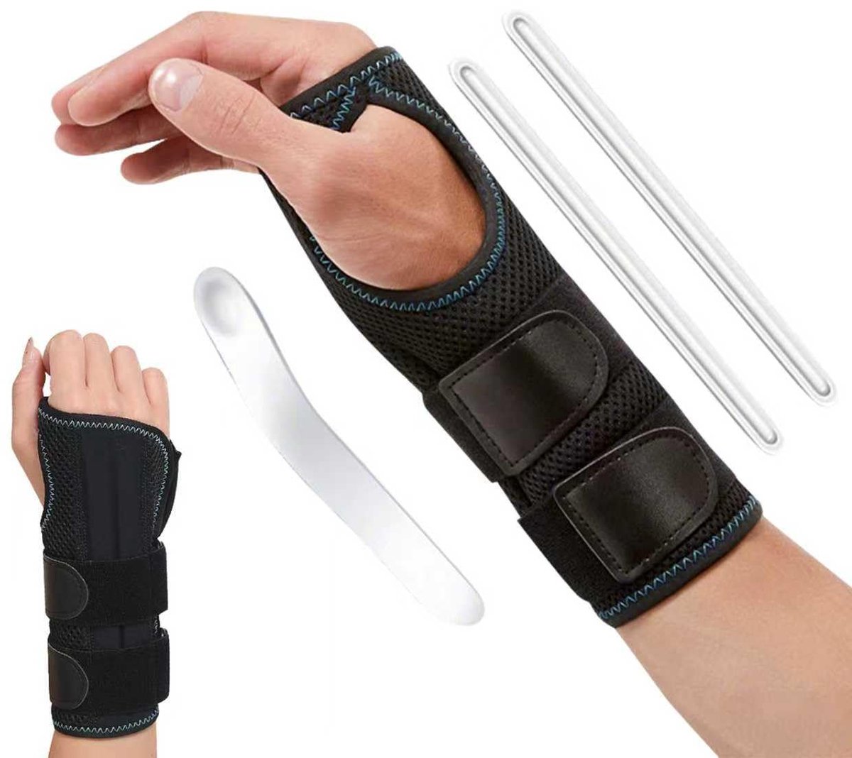Polsbandage met 3 rails, verstelbare polsbandages, polsbeschermers voor mannen en vrouwen, zachte duimopening, voor artritis, peesontsteking, verstuiking (rechterhand, S/M)