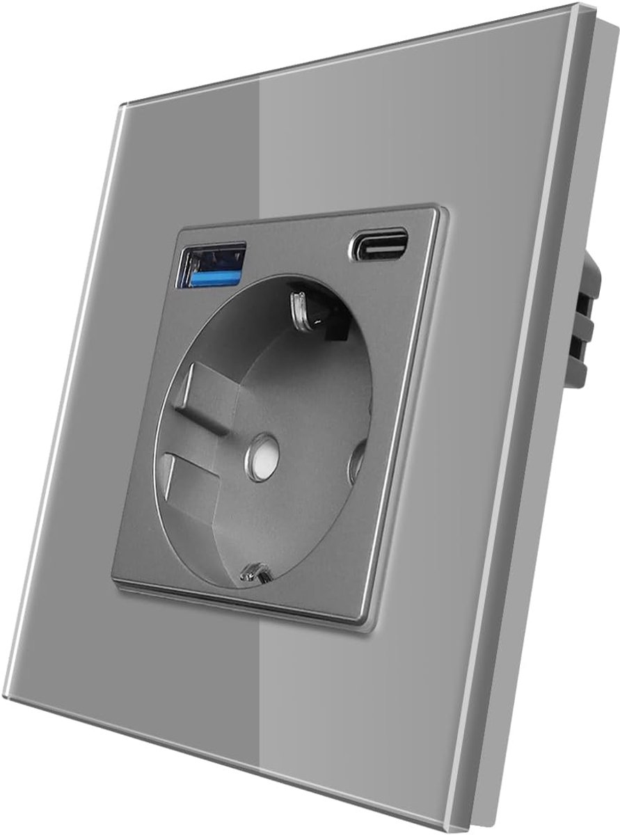 Schuko stopcontact met USB A en Type C poort, enkele inbouw wandcontactdoos, 16Amp glazen stopcontacten, grijs