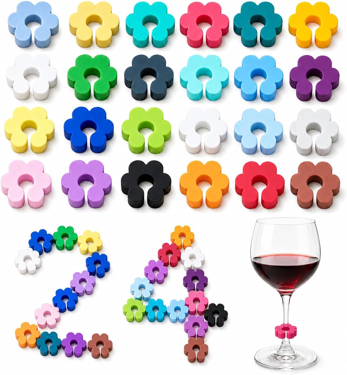 24 Pezzi Segna Bicchieri Calici, sicuro e atossico lavabile e durevole, anelli identificativi in silicone per bicchieri in bar, discoteche, KTV (Silicona, multicolore)