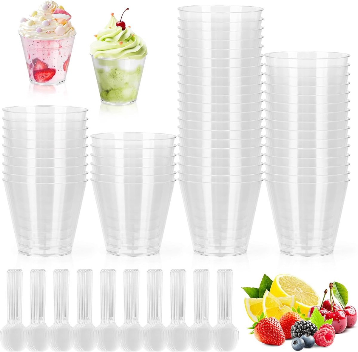 Dessertbekerset, 60 stuks dessertbekers van 100 ml en 60 lepels, herbruikbare ronde plastic bekers, doe-het-zelf dessertkommen voor pudding, mousse, ijs, dessertfeesten