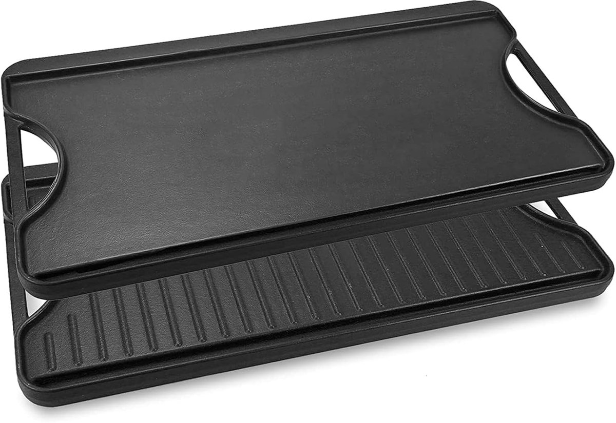 Gietijzeren grillplaten met antiaanbaklaag, 50,8 x 26,5 cm, voor oven, fornuis en barbecue, dubbelzijdige gietijzeren grillplaat met groeven en gladde braadzone, braadplaat