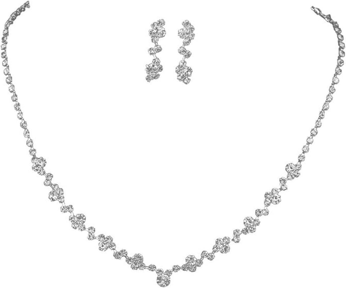 Bruiloftssieradenset voor de bruid, zilveren kristal, halsketting en oorbellen met strass-steentjes voor vrouwen en meisjes, Zilver Diamant zilverkleurig diamant Kunstparels