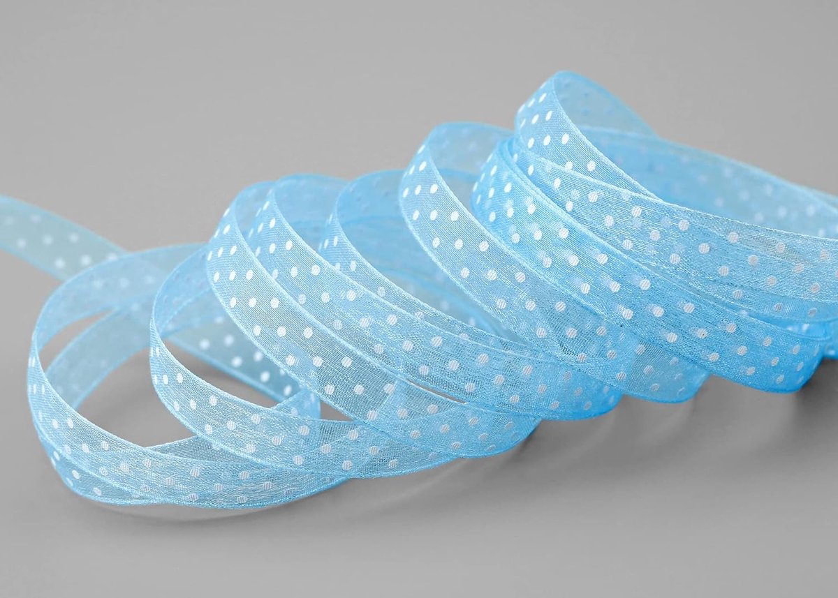 20 m x 10 mm Dekoband chiffon punten lichtblauw blauw met vormvaste randen cadeaulint transparant organza bruiloft verjaardag chiffon lint Pasen kinderen stippen gestippeld