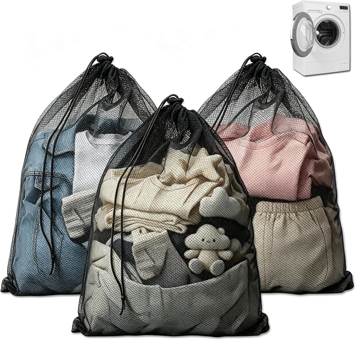 3 stuks wasnet met koordstopper, trekkoord voor wasmachine 70 x 90 cm | Waszak wasmachine, wasnet, groot vuile kleding, beddengoed, pluche dieren, vervorming en vouwen van kleding, Black