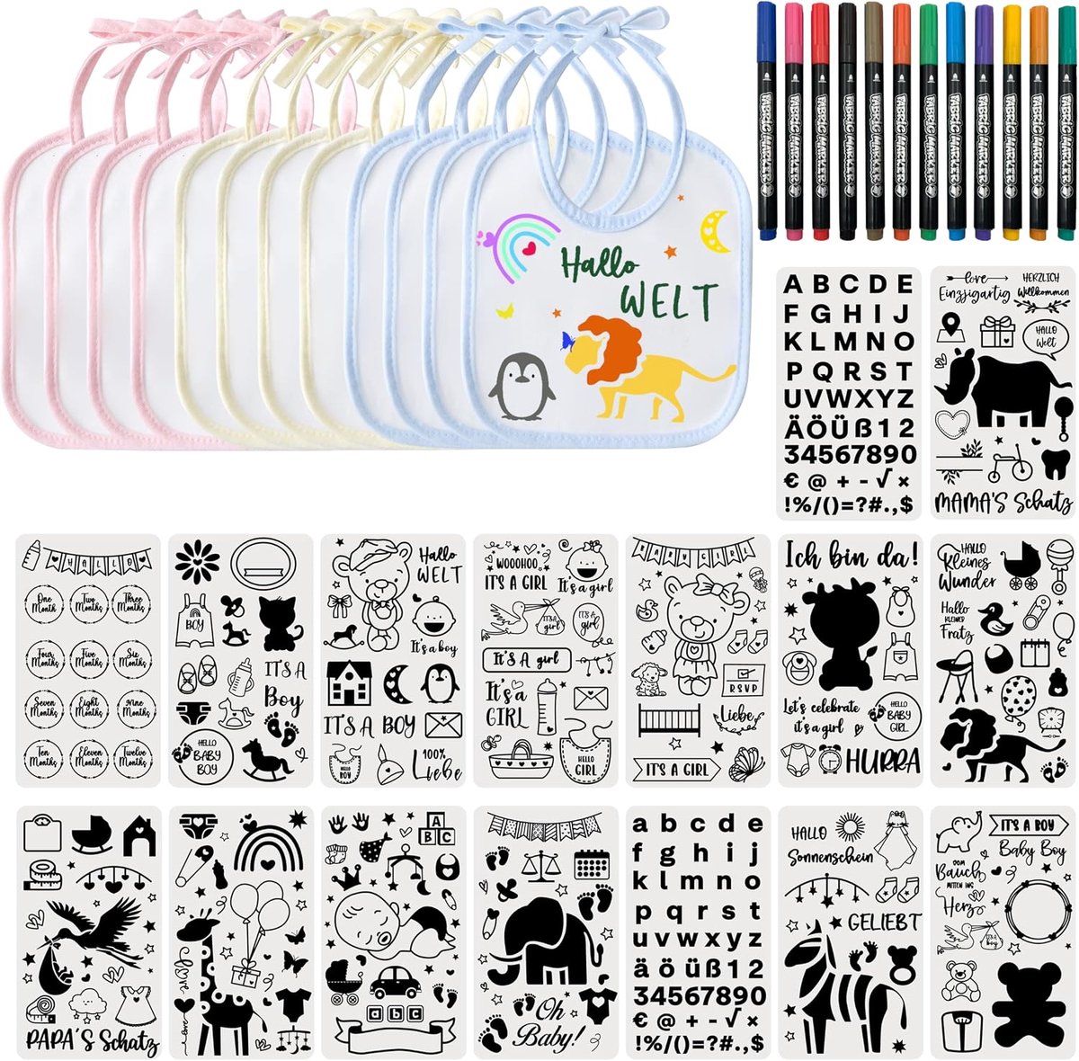 12 stuks slabbetjes voor baby's met 16 tekensjablonen, 12 textielstiften, babyshower, decoratiespel, waterdichte slabbetjes voor baby's, jongens en meisjes, babyborrel