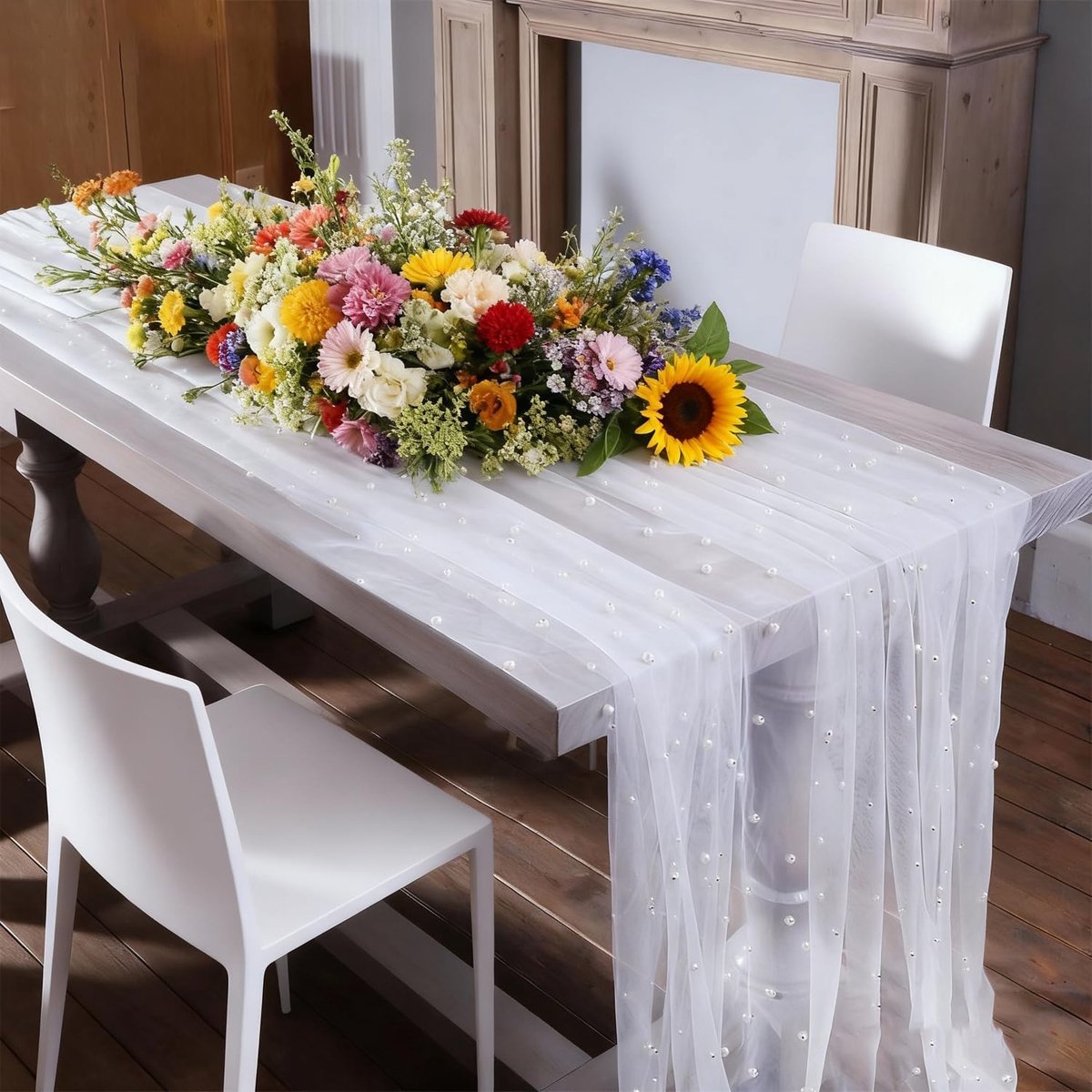 Tafelrunner met Parelversiering, 80x300 cm, Kantdecoratie, Bruiloft, Feest, Kerst, Diner, Wit