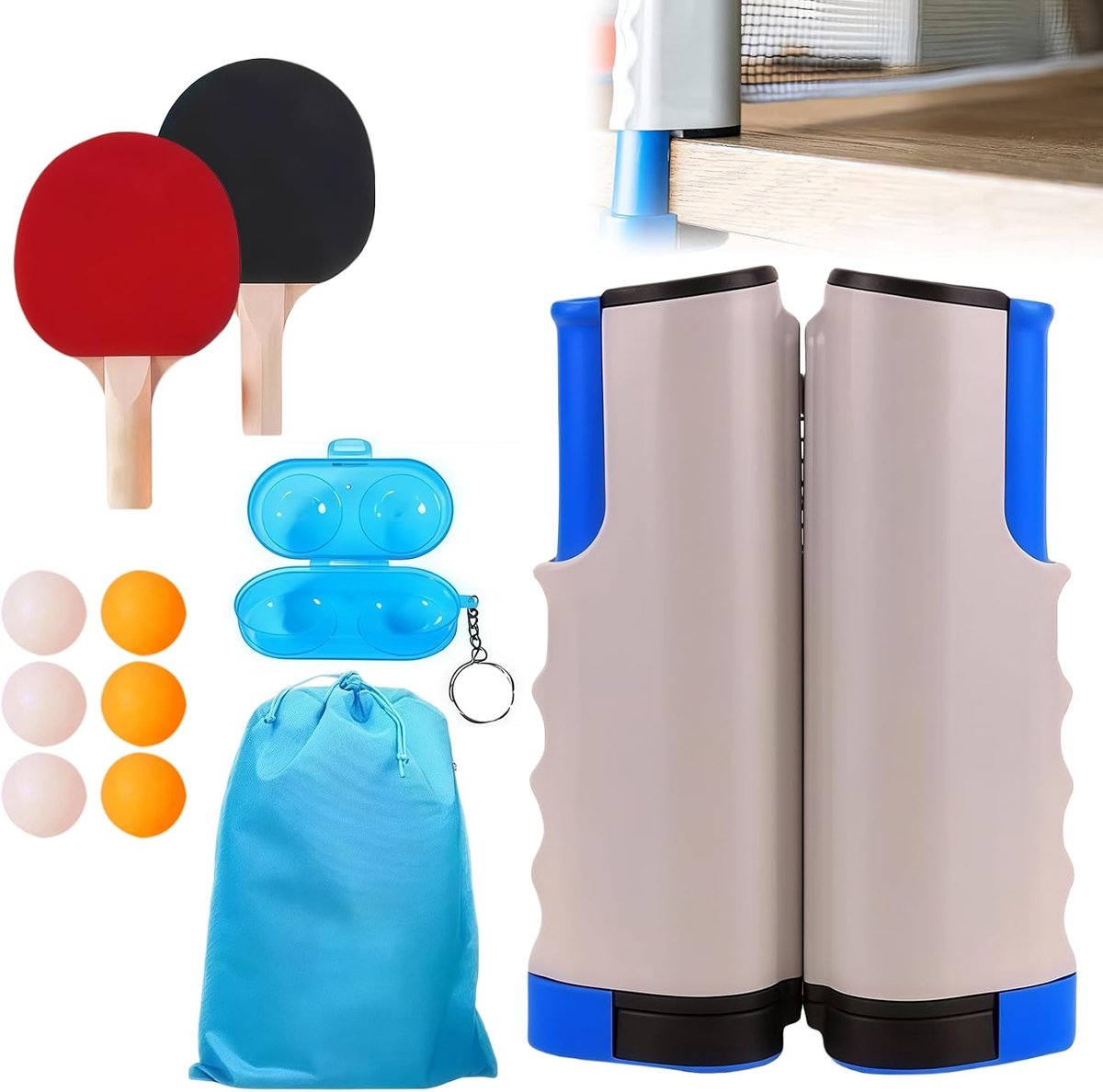 tafeltennisbatjesset: 2 tafeltennisbatjes + intrekbaar net + 6 tafeltennisballen + 1 draagtas + 1 balbox, professionele tafeltennisset voor volwassenen, gezinnen en volwassenen