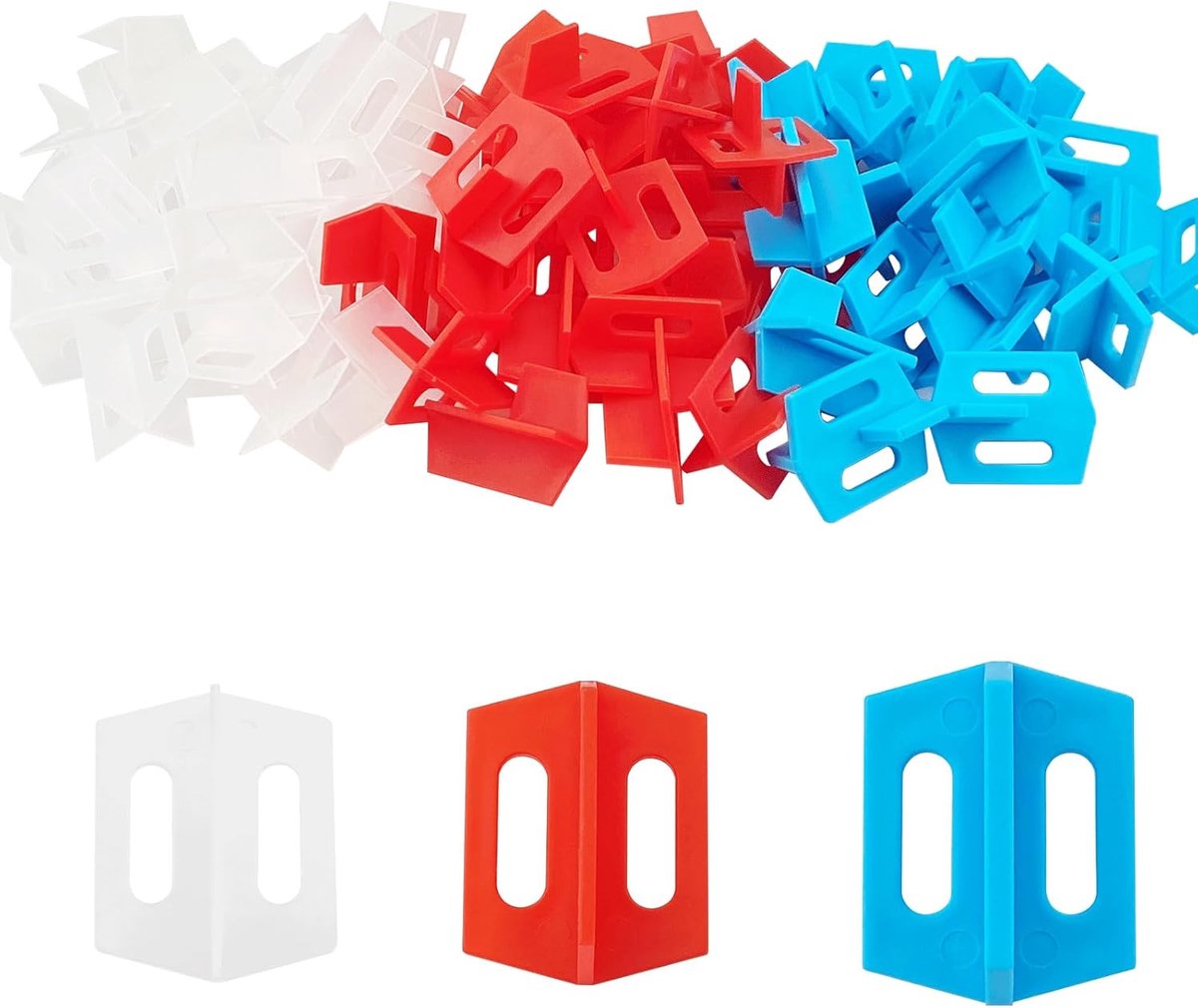 150 stuks Tegelnivelleringssysteem, herbruikbare 3-zijdige Afstandhouders, Kruisvormige T-vormige Keramische Vloer- en Wandgereedschappen, Keramische Tegelspleet (Wit-1mm Rood-2mm Blauw-3mm)