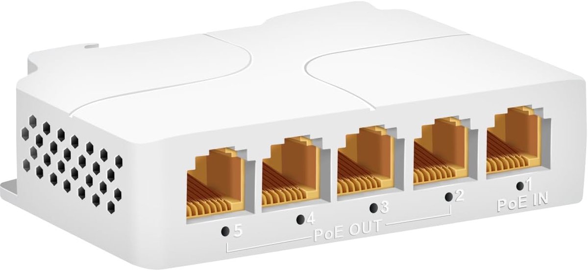 5 Poort Gigabit PoE Extender 1 in 4 Uit-IEEE 802.3af/at, 90W in 30/60W Uit PoE Repeater 10/100/1000Mbps, Vlan & Uitbreiden tot 250m, Din-Rail & Wandmontage PoE Passthrough Switch Plug & Play