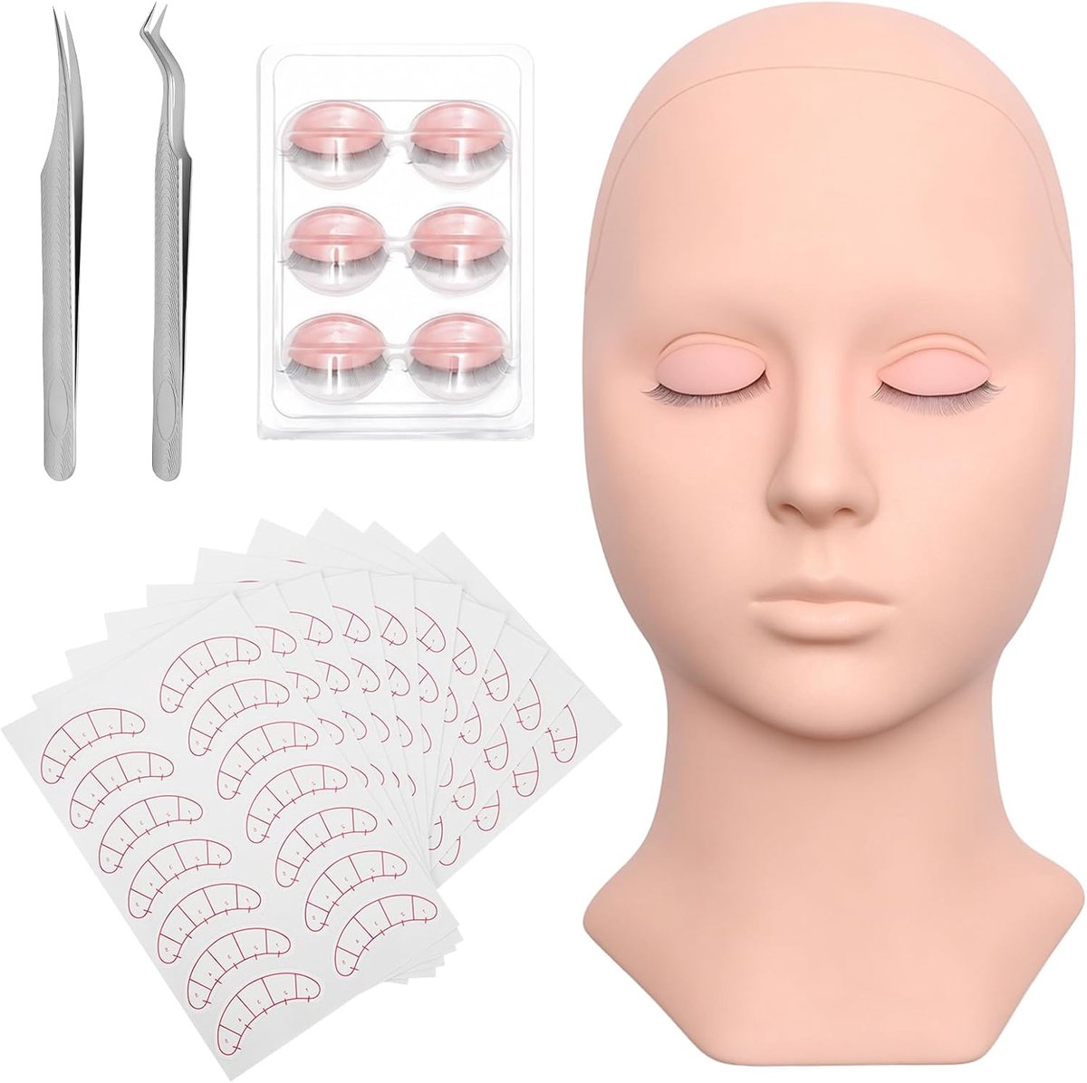 Oefenhoofd, wimperverlengingsset, wimperverlenging, starterset, wimpertraining pop, wimperoefenpop met wimpercartografie en 2 pincetten, set voor beginners, training