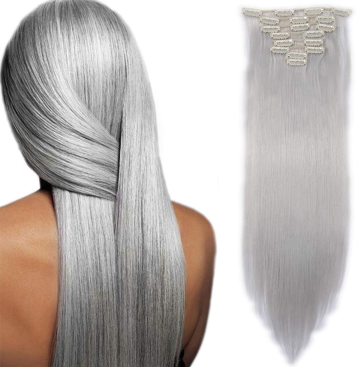 Clip in extensions haarverlenging haarstuk 8 strengen zoals menselijk haar steil zilvergrijs 26 “(66cm)-140g
