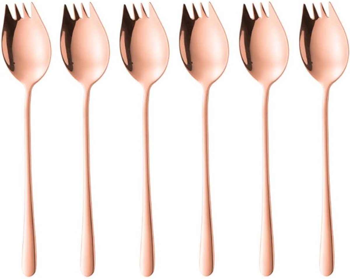 Saladebestek van roestvrij staal, set van 6 stuks, 2-in-1 vork, 22 cm, slatang, serveerservies, set saladevork voor thuis, hotels, restaurants, picknicks, buiten, saladebestek, roestvrij staal, slalepel