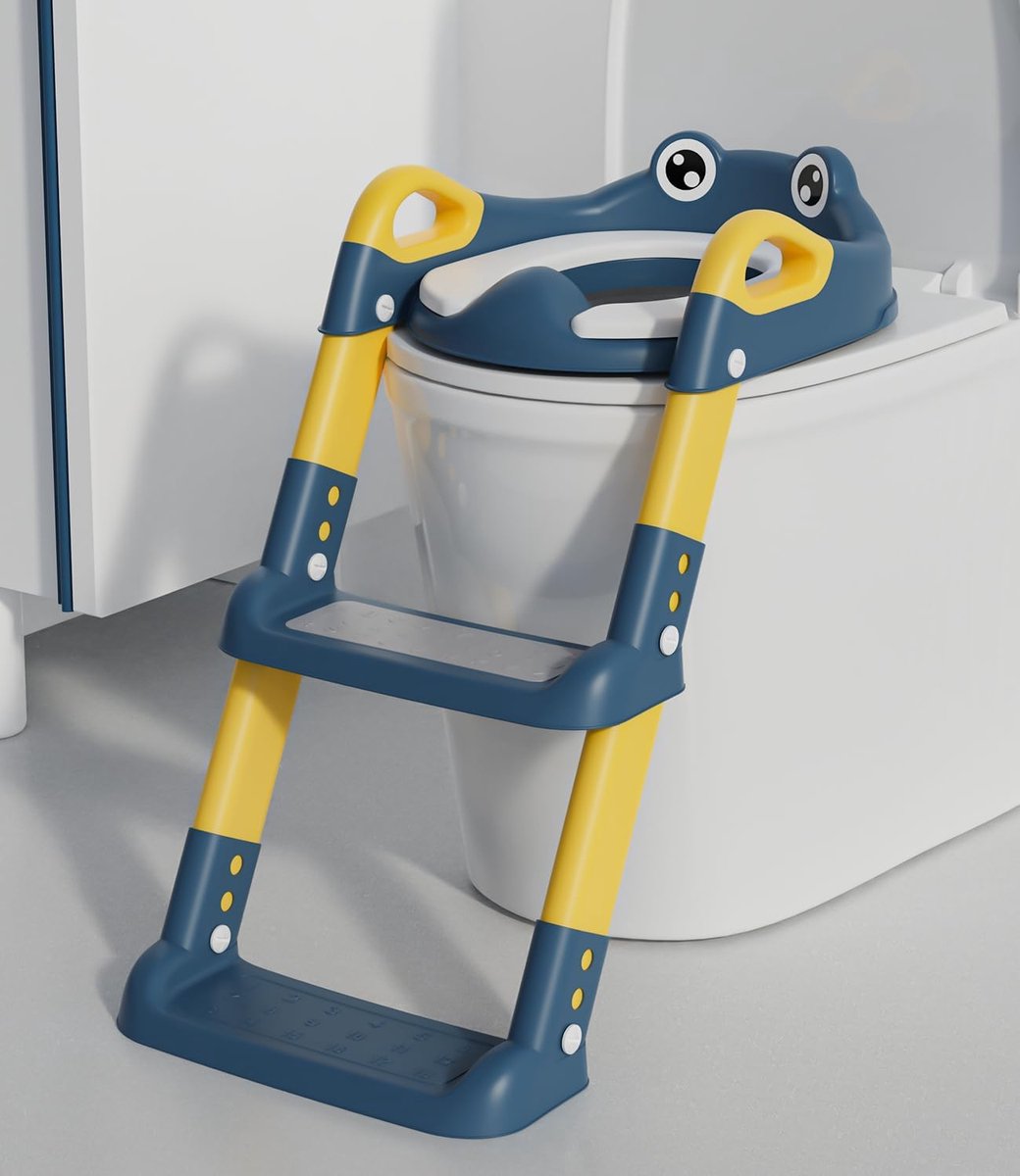 Toiletbril voor kinderen met Trap, PU Gewatteerde Toilettrainer met Verstelbare Hoogte En Vouwbaar, Antislip Met Spatbescherming, Toiletbeugel (Blauw)