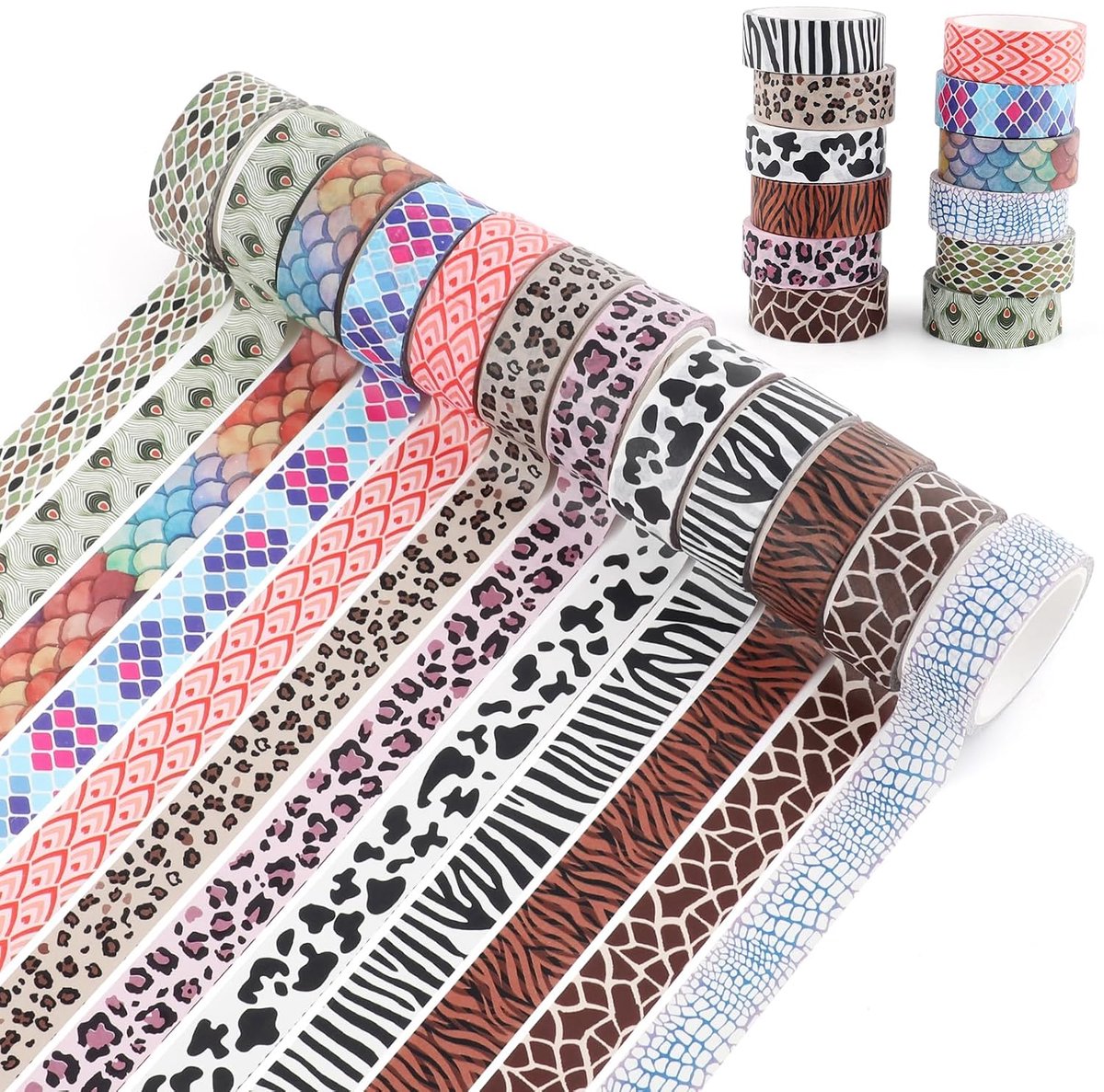 12 rollen dieren, 15 mm x 5 m, luipaard, zebra, cheetah, pauw, koe, knutselen, Washi tape, decoratieve tape voor doe-het-zelf, scrapbooking, journaling, kaarten, knutselen, cadeau