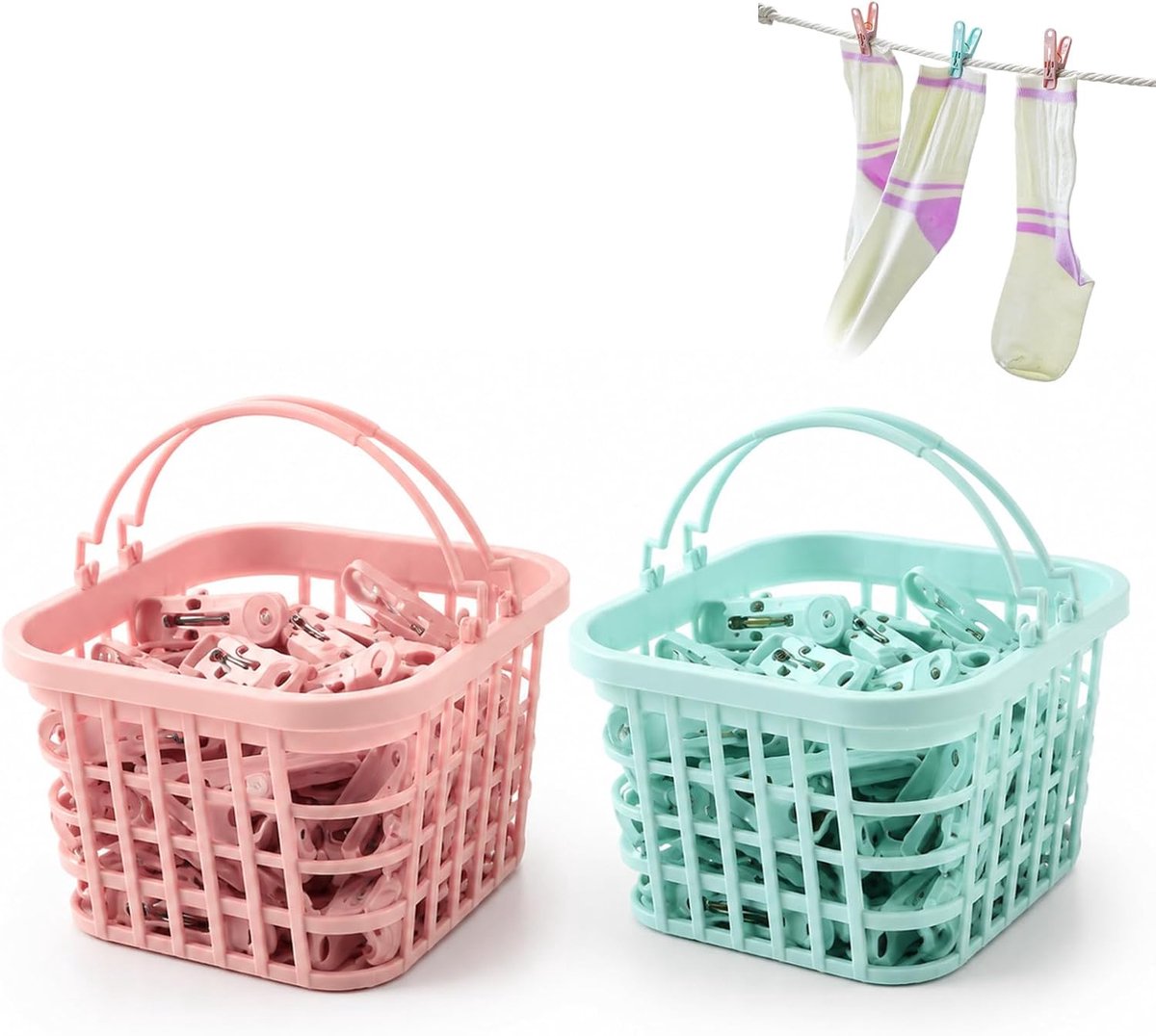 Wasknijpers, winddichte clips met antislipontwerp, 60 stuks met opbergmand, 9×9×6,5 cm, voor sokken, ondergoed & handdoeken, duurzaam PP-materiaal, roze & blauw