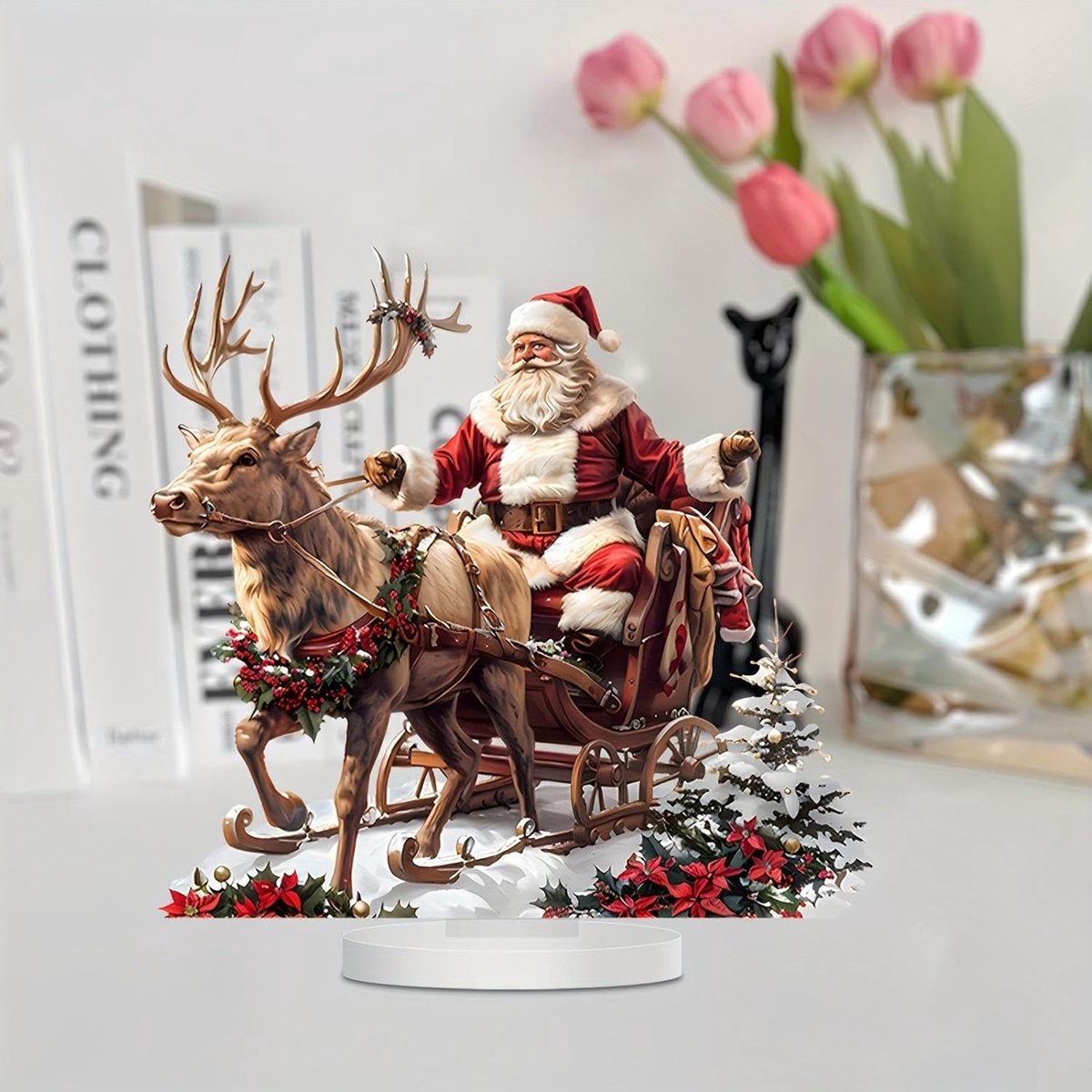 Kerstman met Rendieren Slee - Kerstbeeldje Decoratie - Feestelijke Decoratie - Waterdicht Acryl - 14x15cm - Multicolor – foto 2