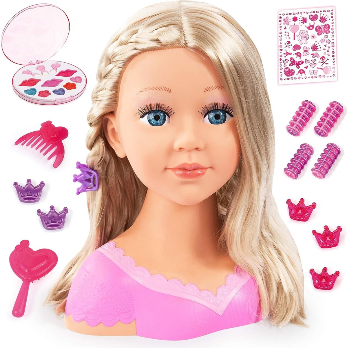 QUOVO® Kaphoofd voor Meisjes - Sminkpop Met Make up Voor Kinderen - Makeup pop - Kappop - Schminkpop voor Meisjes - Opmaakpop / Kapkop met Haar Accessoires - Speelgoed Kaphoofd - Roze - 24cm x 14cm x 27cm
