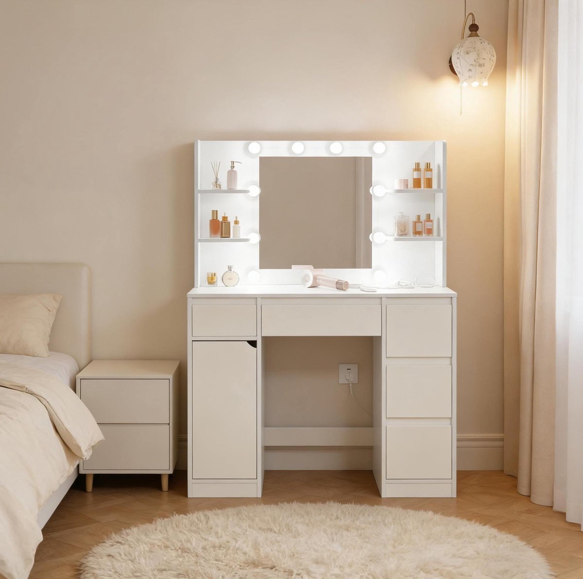 Kaptafel Met Spiegel En Verlichting 110 x 140 x 40 cm Hout Wit Met 4 Open Vakken 5 Lades En Stekkerdoos Voor Slaapkamer En Make-up