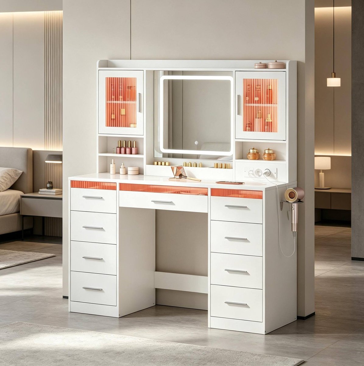 DESMIU Kaptafel Met Verlichte Spiegel En Meerkleurige Verlichting 110x40x140 Cm Gehard Glas Wit Met Lades En Opbergruimte Voor Slaapkamer
