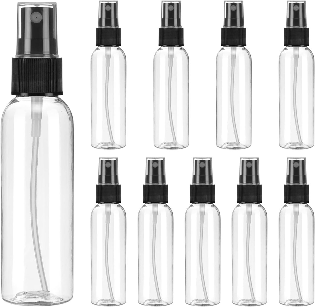 Set van 10 spuitflessen, 60 ml, heldere lege mist, plastic mini-reisflessen, set, kleine navulbare vloeistofcontainers voor huishoudelijk gebruik, etherische (transparant zwart)