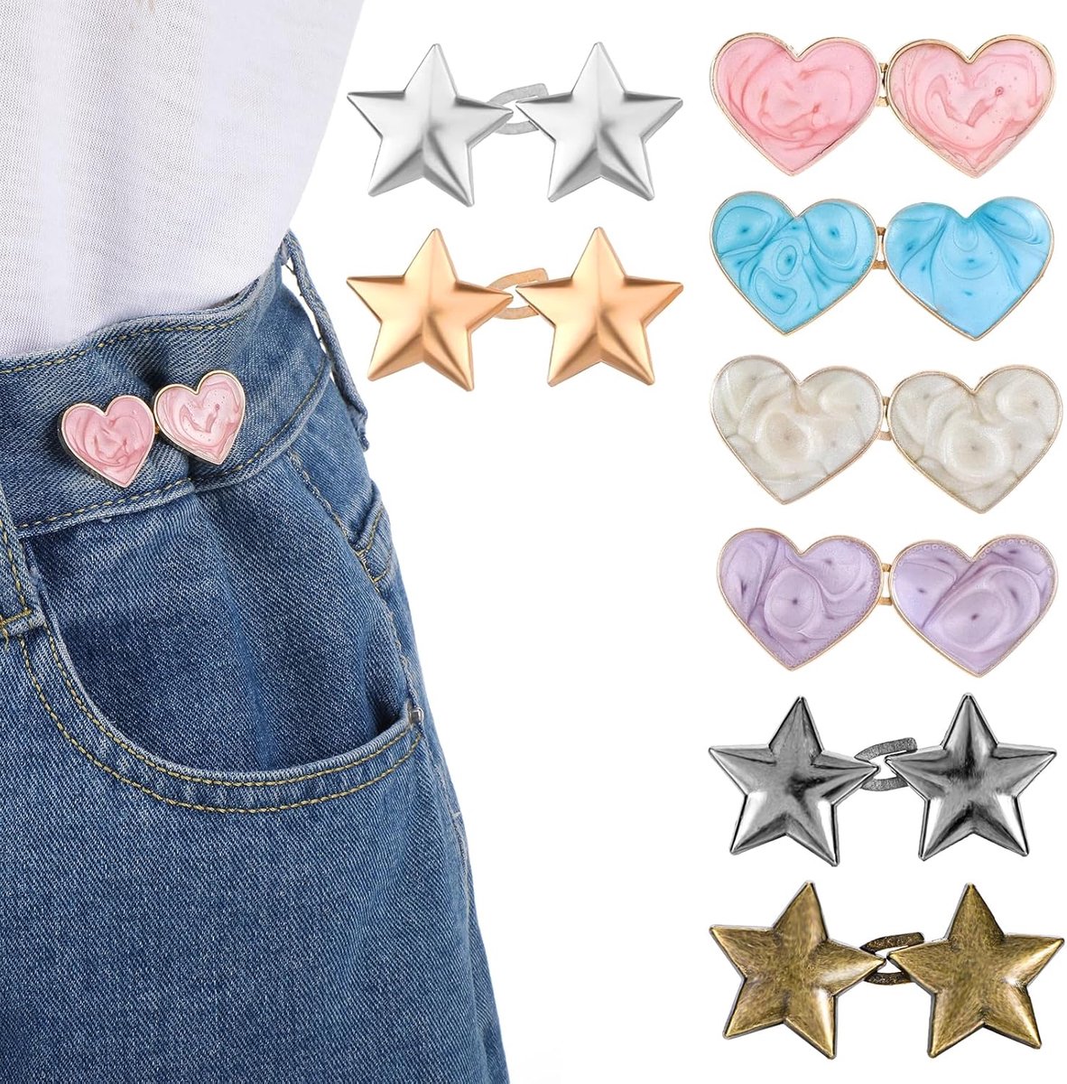 8 stuks broek taille verstevigingen voor vrouwen, hart & ster vorm verstelbaar geen naaien taille versteller, riem clips voor jeans broek, draai gesp pin set