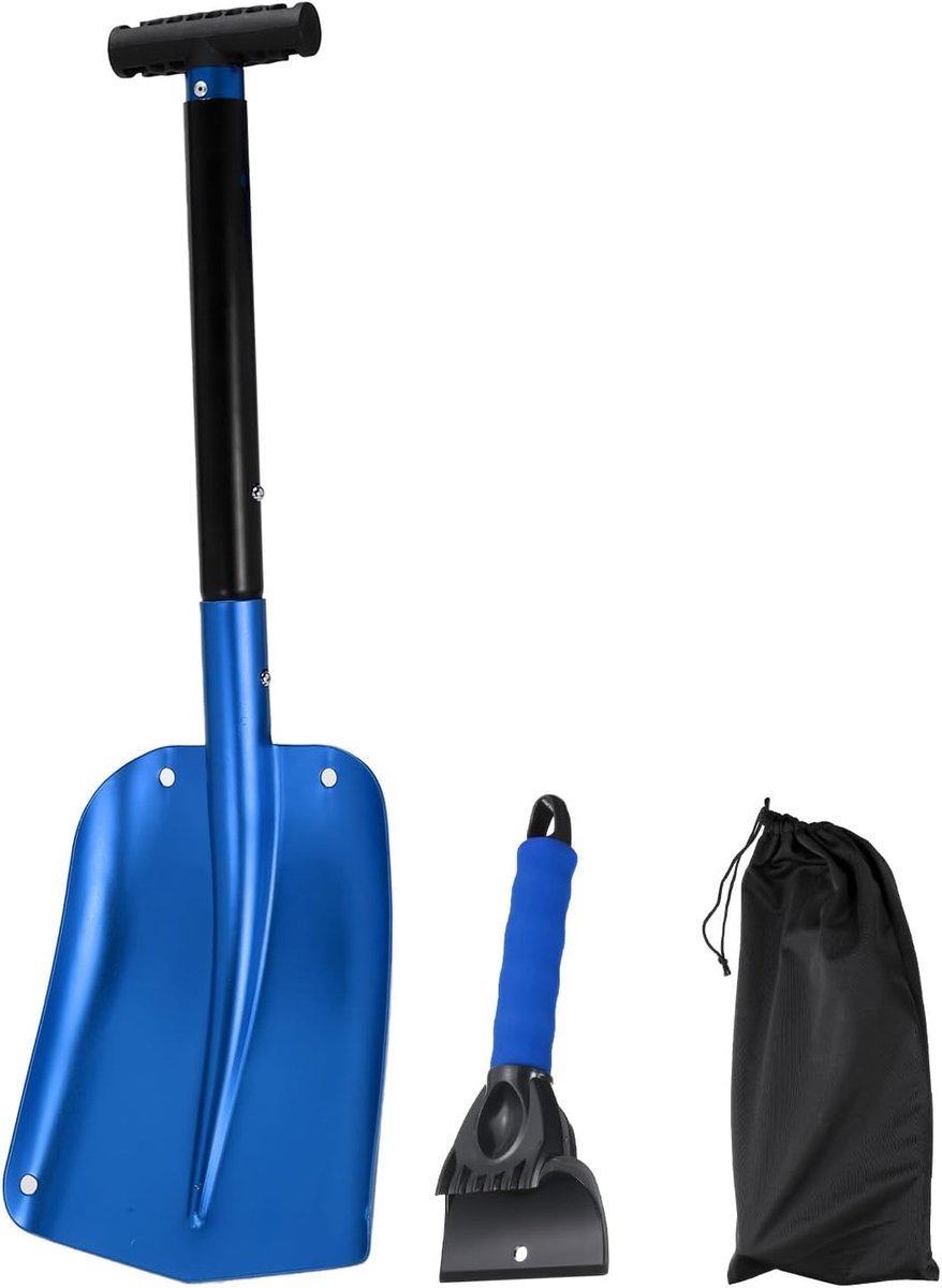 Sneeuwschep, 3-in-1, aluminium sneeuwschep, ijskrabber, noodgevallen, sneeuwruimset met opbergtas voor auto, camping, tuinieren, blauw