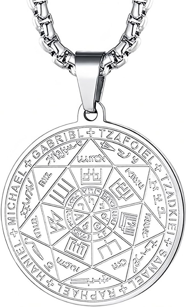 Halsketting met 7 aartsengelen voor heren, medaille, zegel, aartsengel, 316L roestvrij staal, religieuze christelijke sieraden, amulet, bescherming (zilver)
