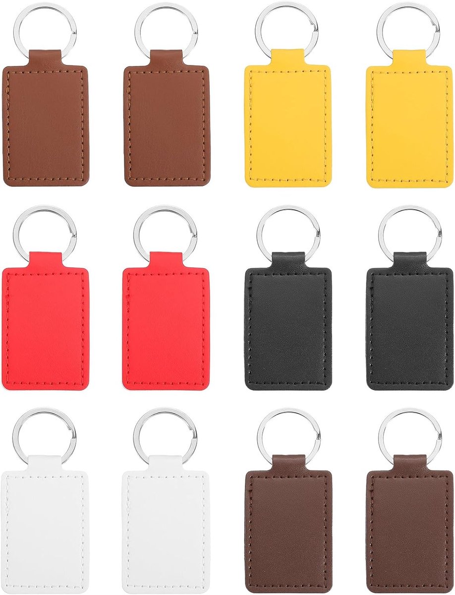 Lege Lederen Sleutelhanger, 12 stuks, rechthoekig, leeg, sleutelhanger met lasergravure, aan beide zijden reliëf, ultraviolette print, 6 kleuren, bruin, koffie, wit, rood, zwart, geel