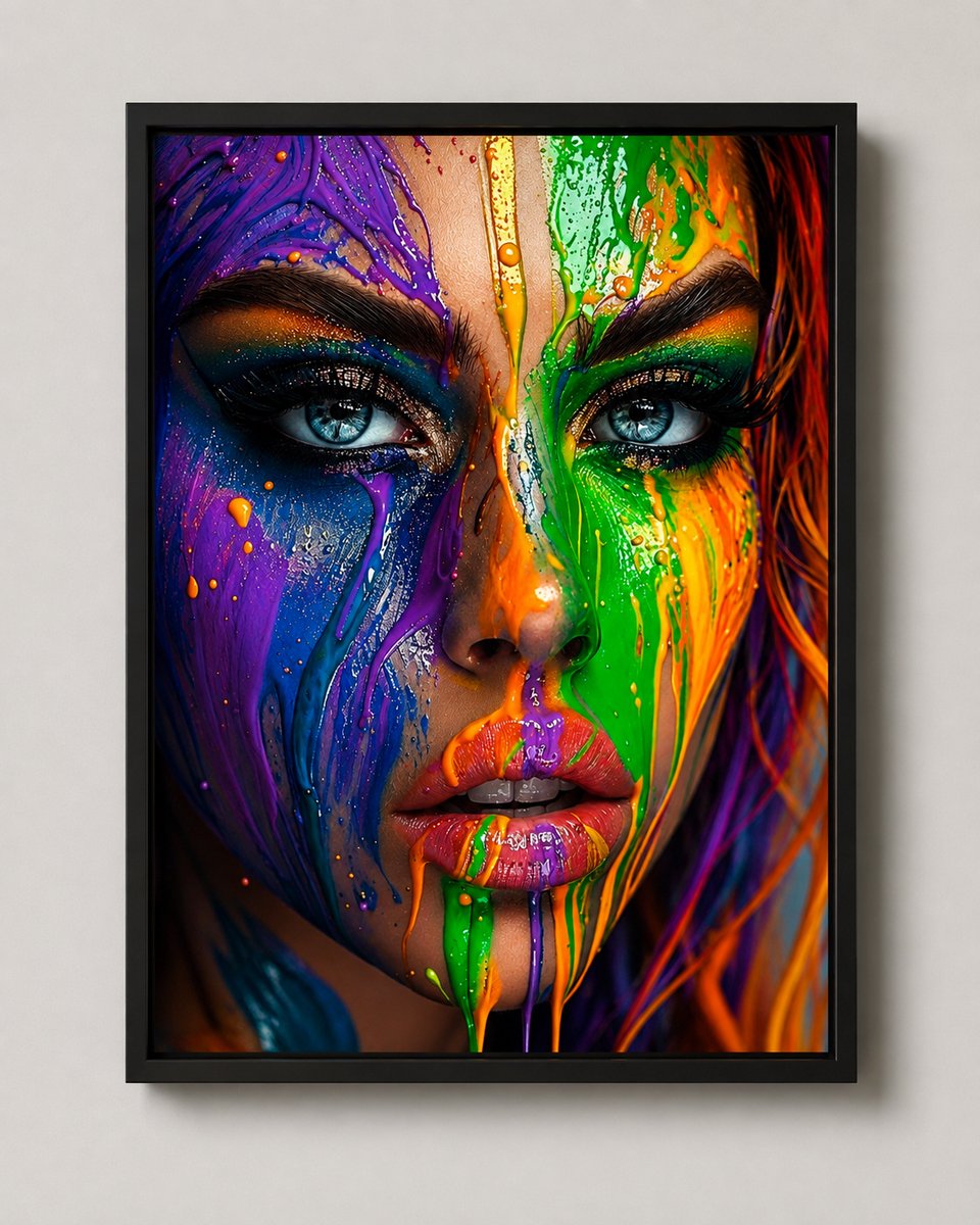 Canvas Schilderij Kleurrijke Vrouw met Druipende Verf – Moderne Canvaskunst – Wanddecoratie – 30 x 40 cm