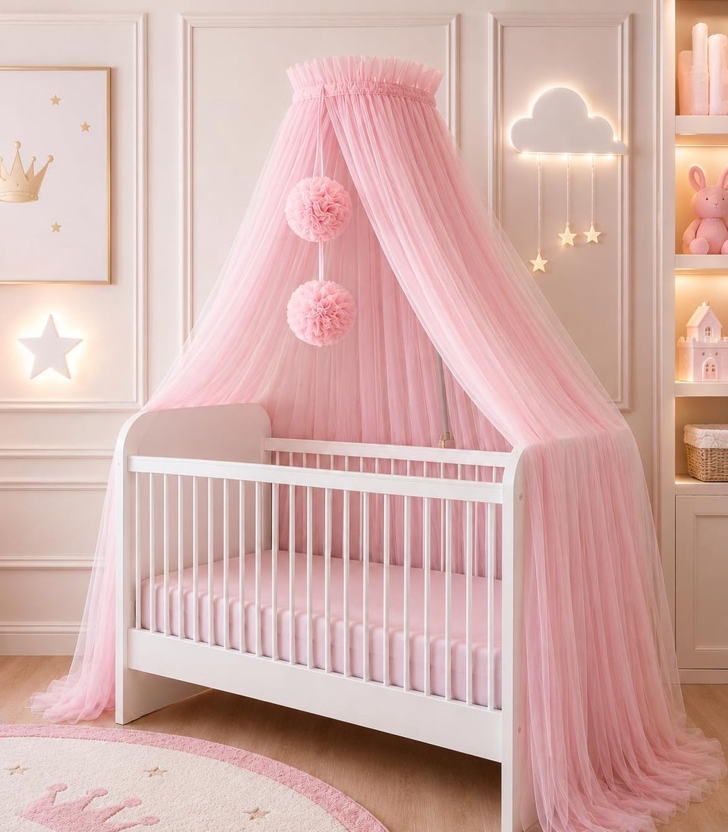 Fancyroom Bedluifel voor babybed, prinsessenbabywieg, muskietennet, bijzettafelhemel, babykamerdecoratie, baldakijn kinderkamer van premium tule (Roze)