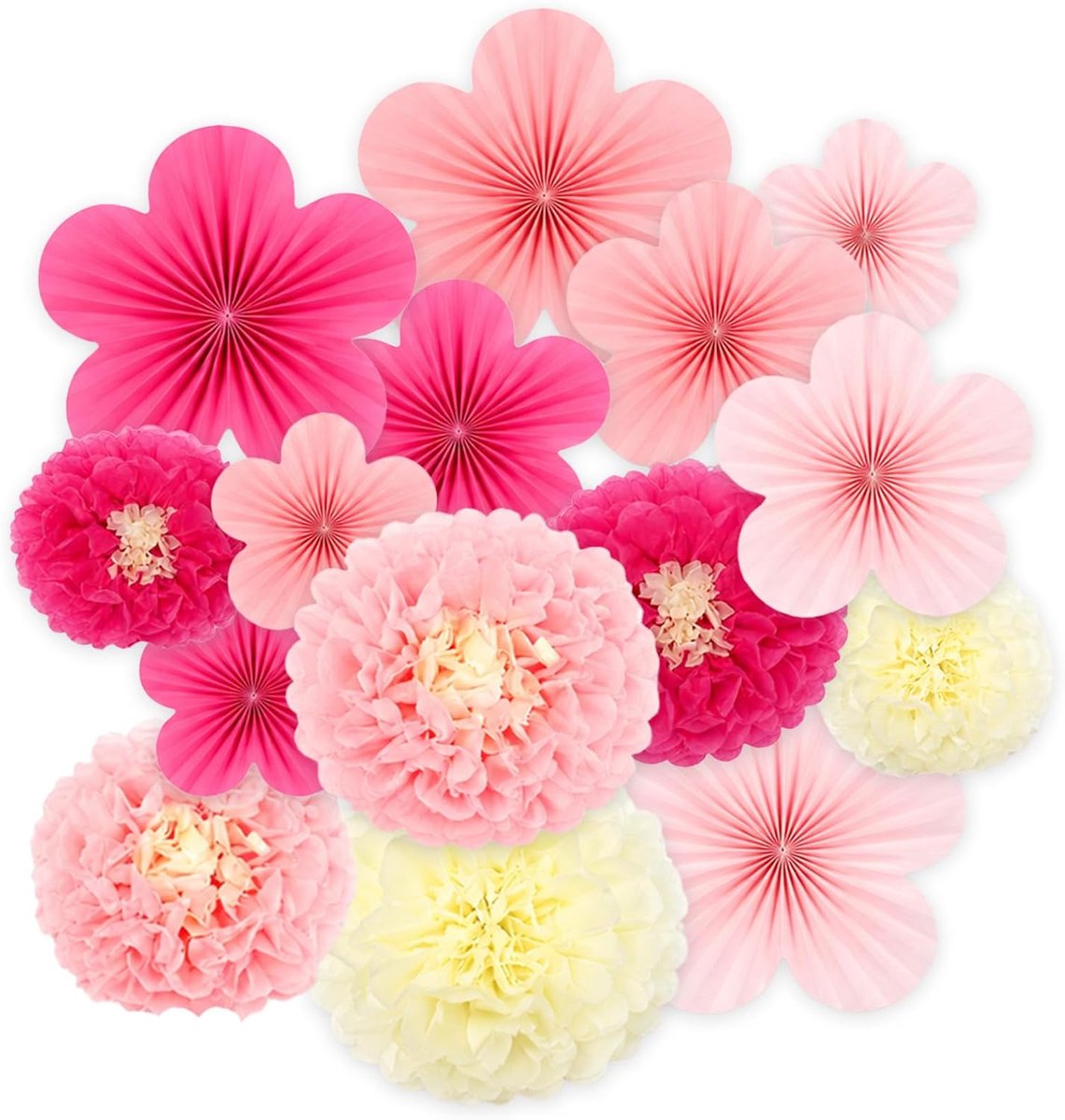 15 stuks papieren bloemen decoratieset, roze crème papieren bloemen om op te hangen, bloemendecoratie party voor verjaardag, bruiloft, babyshower, fotowand, wanddecoratie en kamerdecoratie