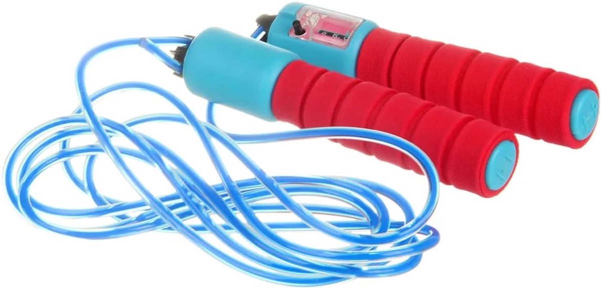 Springtouw voor kinderen met springteller, ergonomische antislip handgreep, blauw en rood.