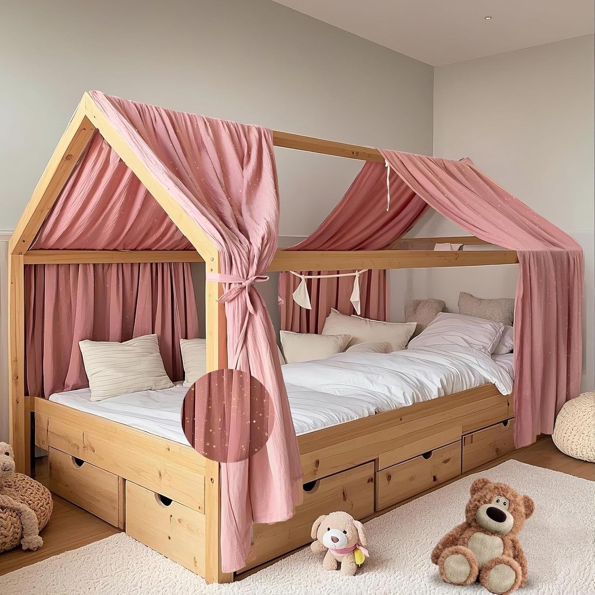 Huisbedhemel met gouden applicatie, 2 stuks, handgemaakt van 100% katoenen mousseline, stoffen hemel voor huisbeddecoratie, voor meisjes en jongens (oudroze, set van 2, 132 x 320 cm)