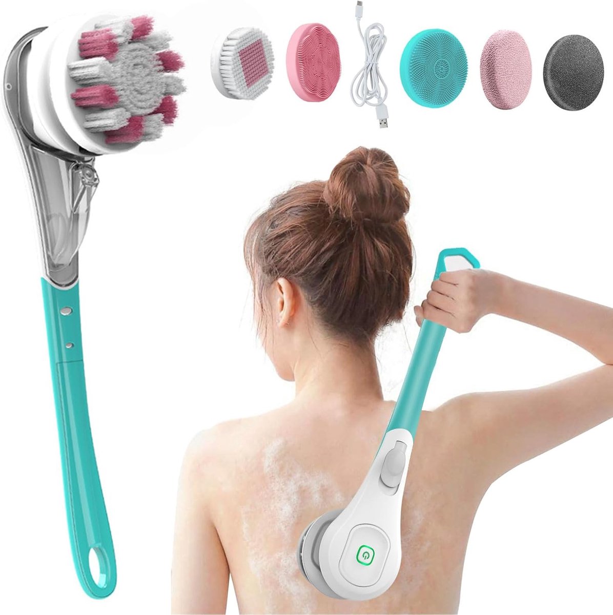 Doucheborstel, 6-in-1, elektrische lichaamsborstel, oplaadbaar, met lange handgreep, elektrische doucheborstel voor massage, peeling, dieptereiniging, blauw