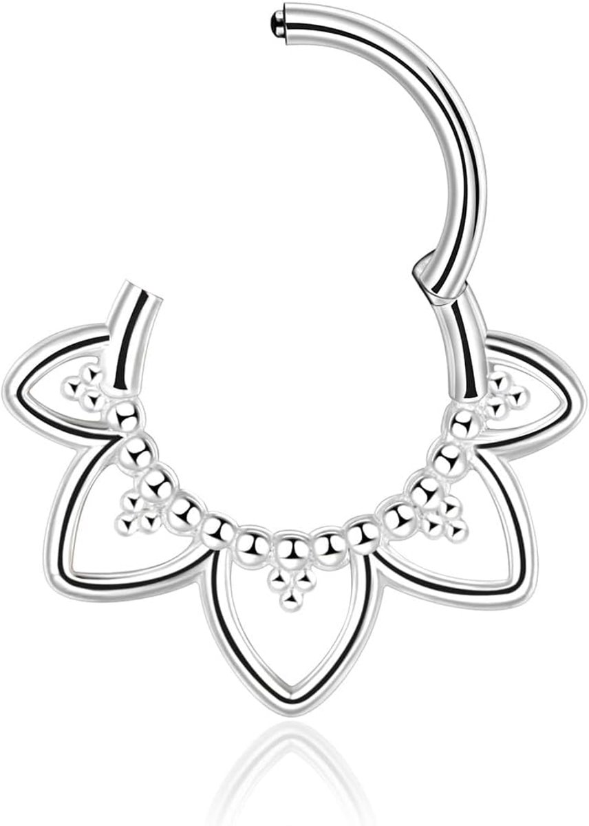16G septumpiercing, lotusbloem, titanium clicker, neusring, minimalistisch design, 8 mm, voor septum, daith, tragus, rook, verkrijgbaar in goud en staal, inclusief fluwelen zakje
