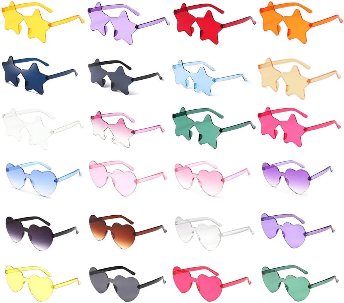 24 stuks kleuren partybril, randloze hartvormige bril, hippie hartvormige bril, retro partyzonnebril, randloze zonnebrillen in ster, voor verjaardagsfeesten, jubilea, singles feesten, Hawaii,