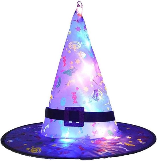 Heksenhoed - Verkleedhoed Accessoire - Halloween Kostuum - Met LED Verlichting - 38 x 30 x 1 cm - Paars