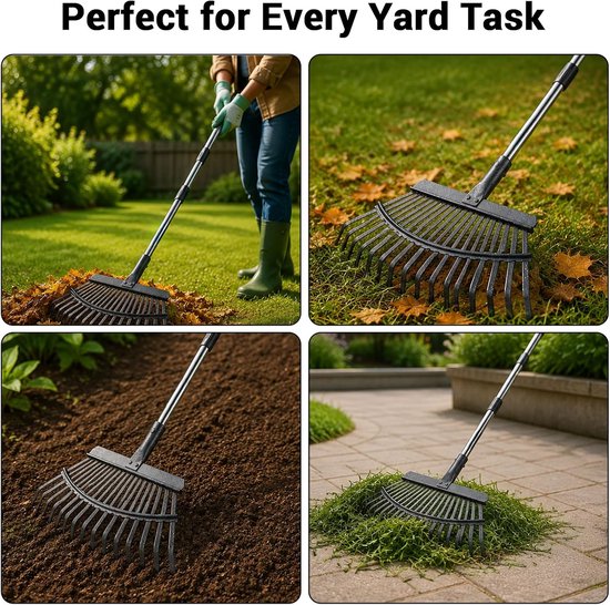 Hark, tuinhark, roestvrij staal, 25+11 tanden, bladhark, met steel, verstelbaar, 70-185 cm, zware belasting, waaierbezem, gazonhark, tuinhark, bladbezem met handschoenen, voor gazon, bladeren — afbeelding 5