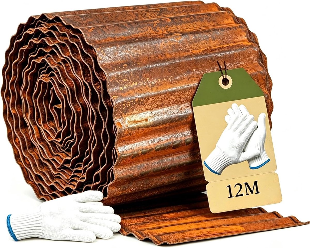 Staal Gazonranden 12 Meter Metalen Klomp Grens Geschikt voor Tuinen, Bloembedden, Gazon En Paden Inclusief Handschoenen