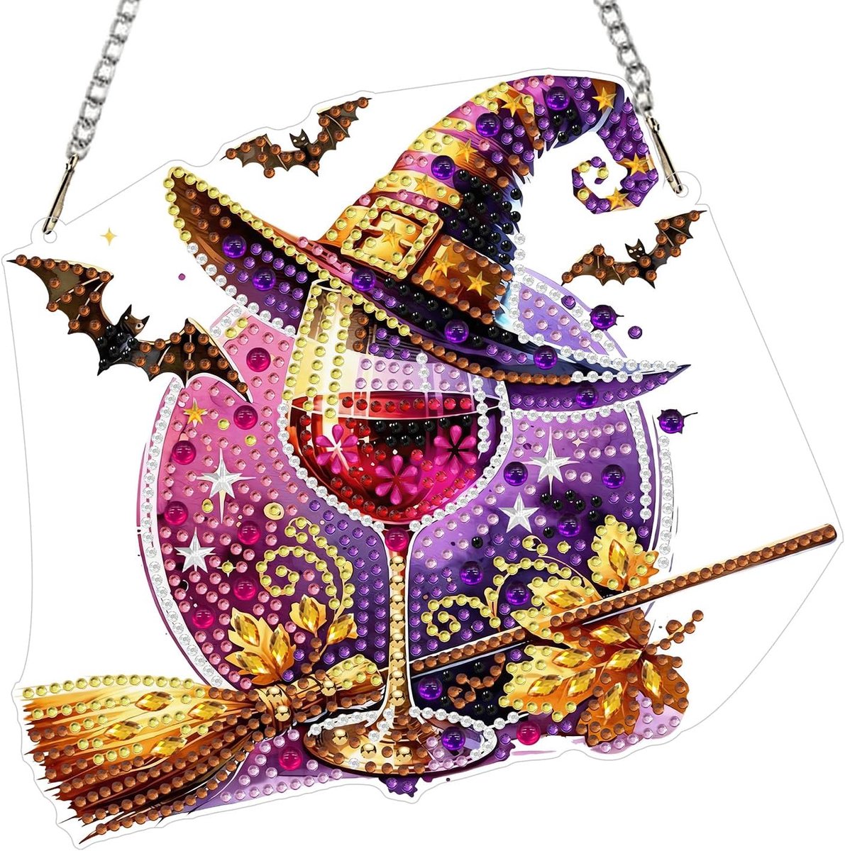 Halloween Diamond Painting hanger sets, heksenhoed, diamond painting, kunst om op te hangen aan het raam met ketting, wijnrood, volwassenen, diamantschilderij, hanger, decoratie, cadeau, 20 x