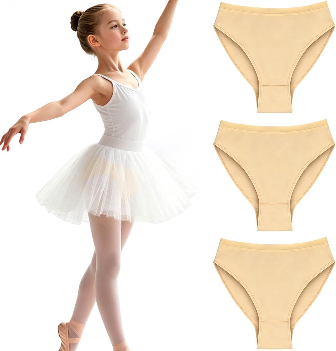 Set van 3 onderbroeken voor meisjes, voor dans, ballet, huidskleuren, voor ballet en gymnastiek, hoog gesneden balletslips