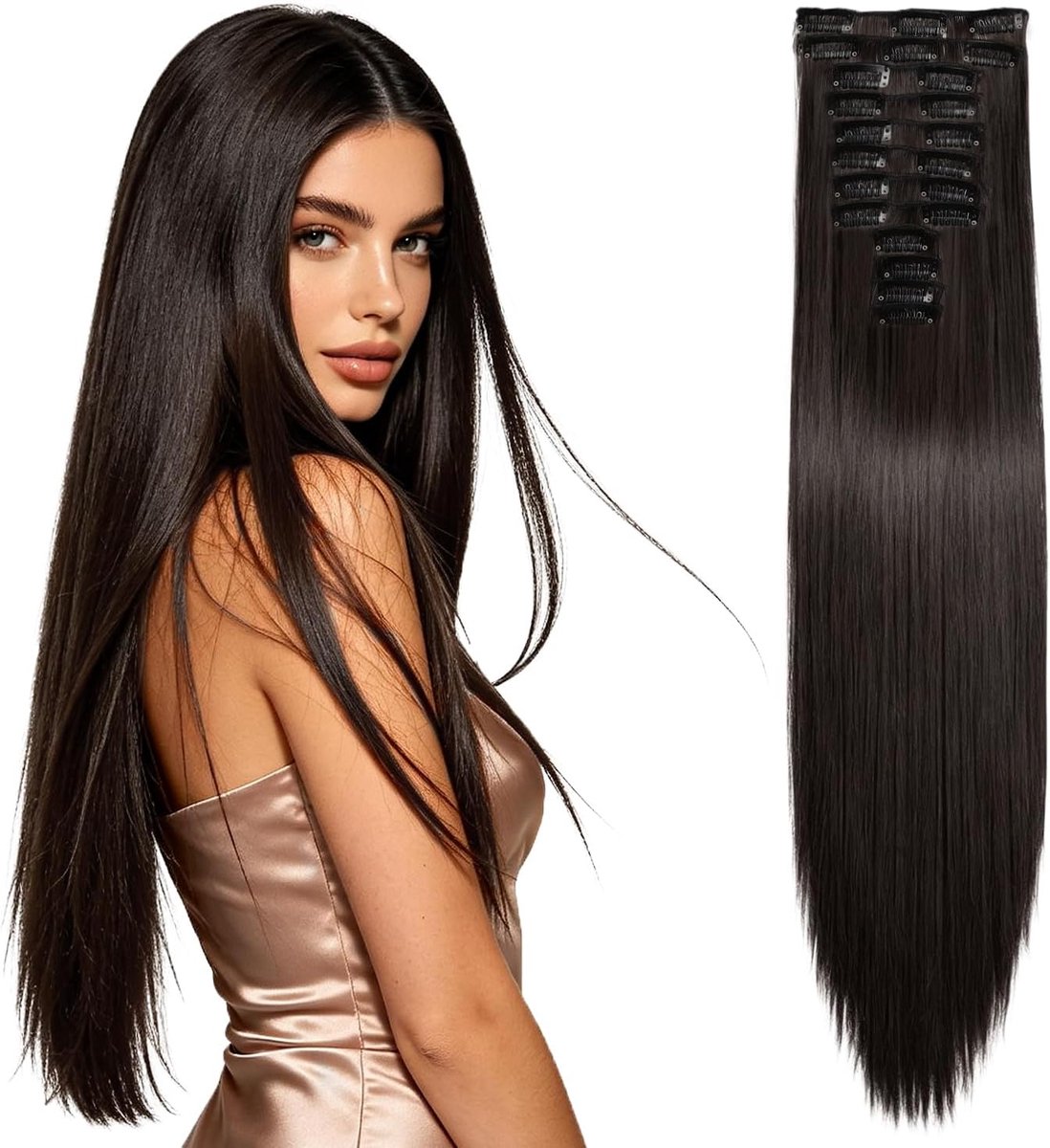 Clip in Hair Extensions 56 cm - Lange Zijdezachte Steile Haarextensies - Natuurlijk Bruin Zwart - Onmiddellijk Volume en Lengte