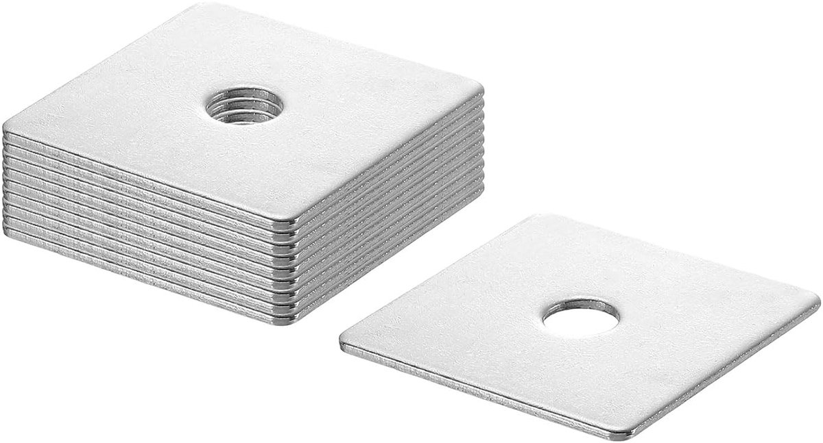 Vierkante sluitring M10 x 50 x 50 x 2 mm, 201 roestvrij stalen lagerplaat, platte afdichting, vierkante sluitringen met rond gat voor machinereparatie, buitenbouw