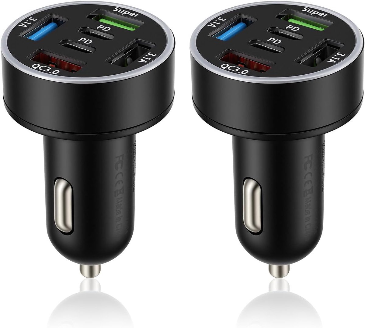 USB C autolader 4 poorten - 66W snel opladen - met LED voltmeter - ideaal voor gezinnen - ShopVlot