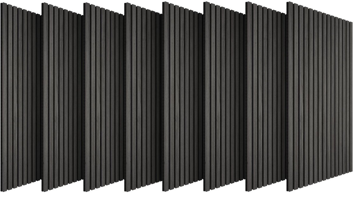 tectake® Akoestische Panelen - Set van 8 - Akoestisch Wandpaneel - 50 x 110 cm - 1,1 cm dik - 4,4 m² - Wandpanelen - Aanpasbare Grootte - Lattenwand - MDF en Houtfineer - Geluidsisolatie - Stijlvolle Wanddecoratie - Eenvoudige Montage - Zwart Eiken