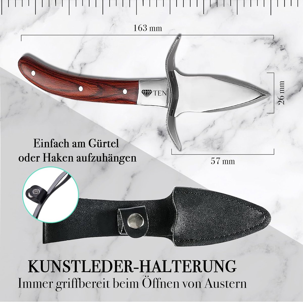 Oestermes set bruin - RVS oesterhandschoen - Houten oesterhouder - Perfect cadeau voor oesterliefhebbers - ShopVlot